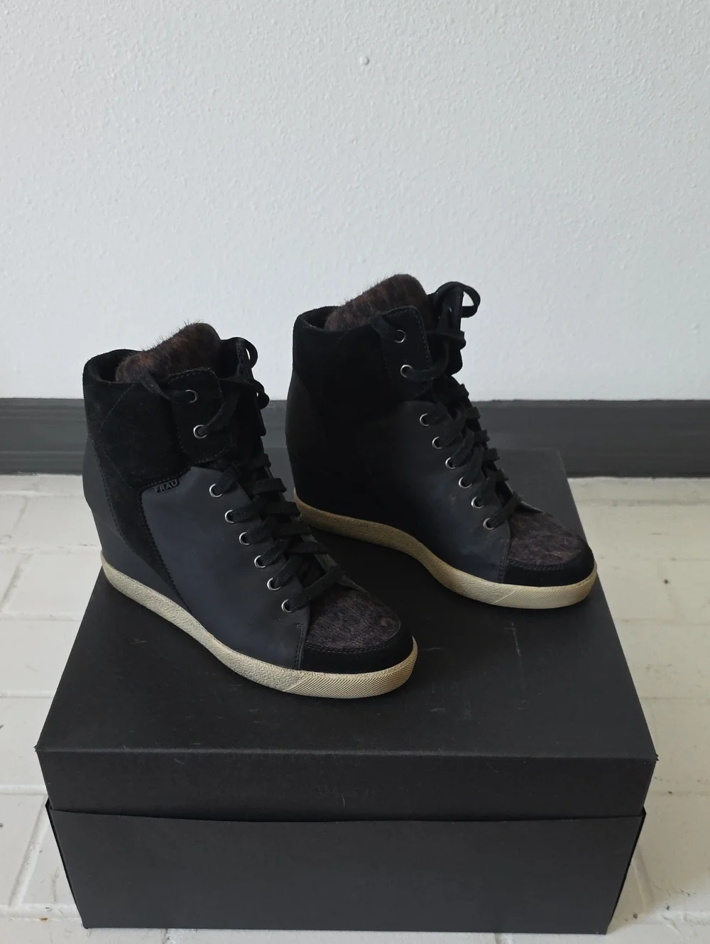 FRAU Women's Black Wedge High-Top Sneakers with Tan Sole. Size 8. Never Worn.